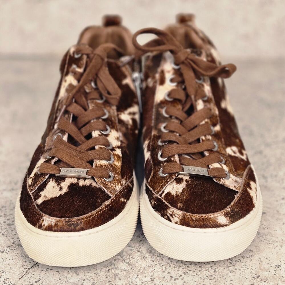 Jslide high top sneaker. Lace-up. Zipper.  Cowhide pattern. W 7.5 Kids 5.5